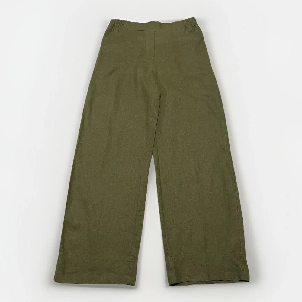 NWT Zara Womens Green Linen Blend Elastic Waist Wide-Leg Boho Flowy Pants M
